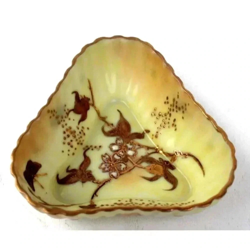 Vtg 1915 Asian Japanese Style Hand Painted W/ Gold Porcelain Condiment Dish